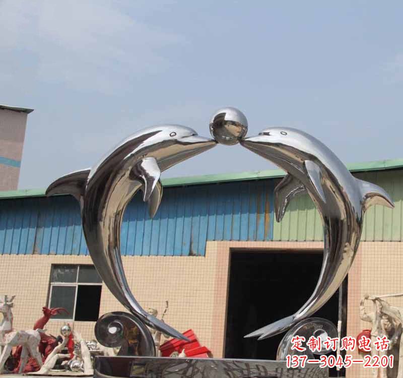武汉海豚之恋——不锈钢公园镜面海豚顶球雕塑