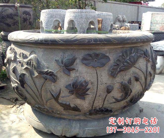 武汉精美仿古荷花鲤鱼浮雕石水缸