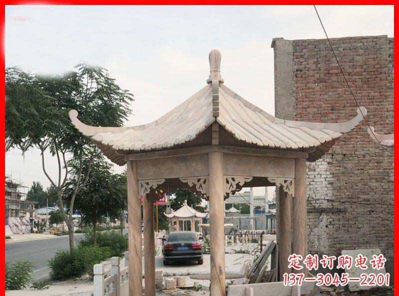 武汉公园晚霞红六角石凉亭雕塑