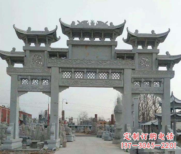 武汉三门牌坊石雕，精美汉风石雕装饰景区