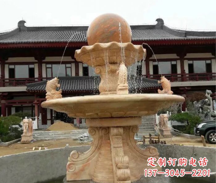 武汉双层风水球喷泉晚霞红石雕