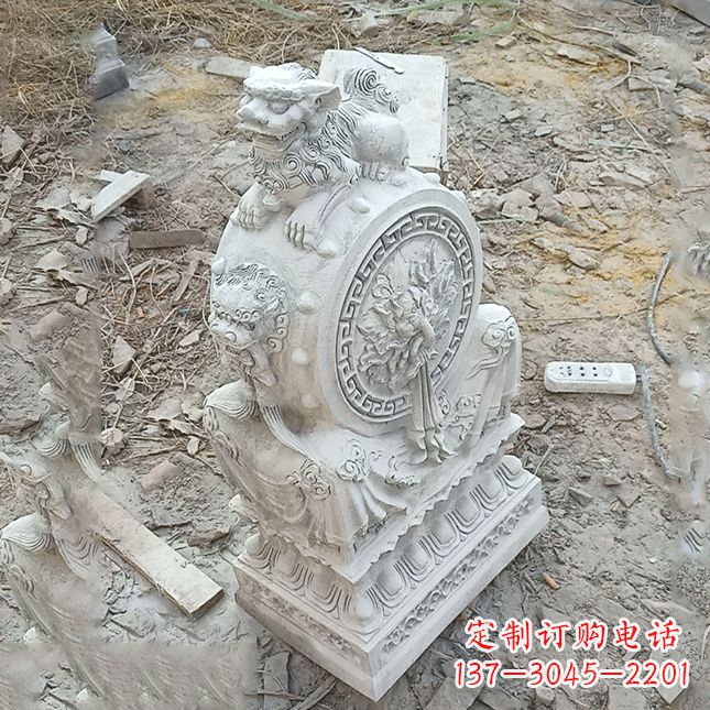 武汉双龙石雕门墩汉白玉狮子头