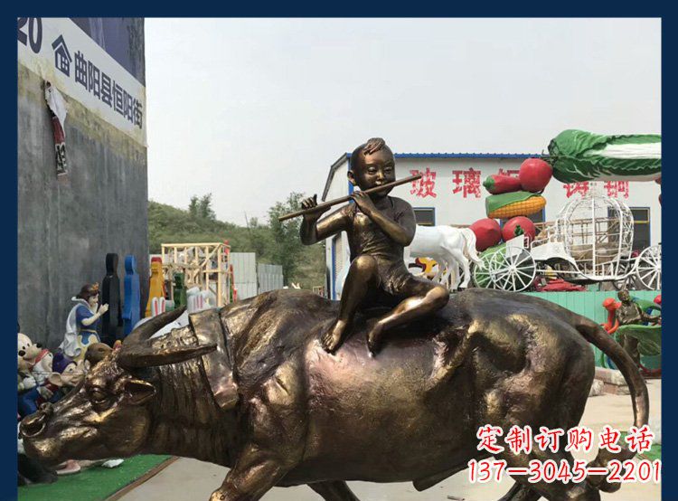 武汉田园铜雕木头骑黄牛动物雕塑