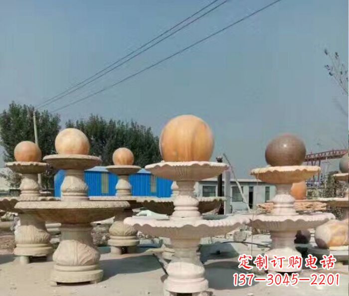 武汉晚霞红多层风水球喷泉石雕