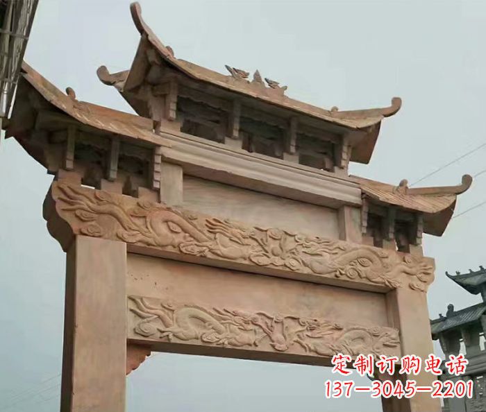 武汉晚霞红石雕单门牌坊
