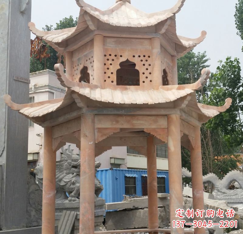 武汉晚霞红双层六角凉亭石雕 (2)
