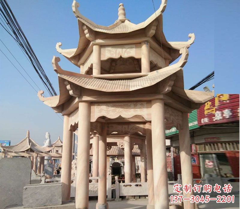 武汉晚霞红双层六角凉亭石雕 (3)