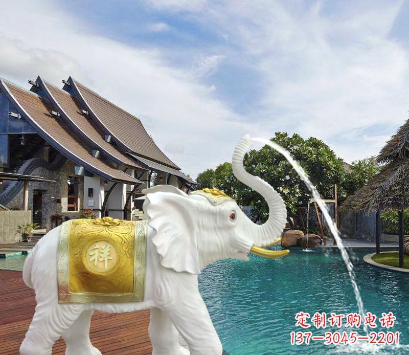 武汉祥瑞汉白玉喷泉喷水大象