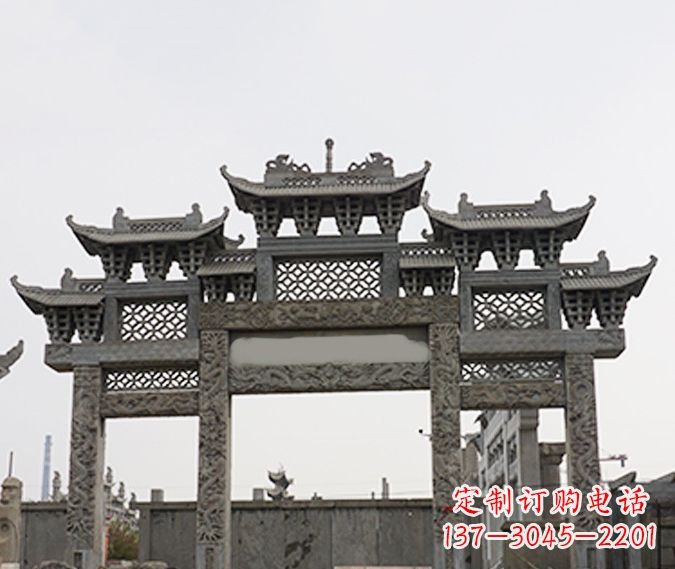 武汉园林仿古三门牌坊石雕 (4)