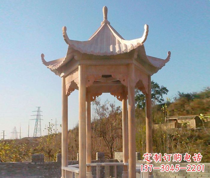 武汉园林景观晚霞红单层石雕凉亭