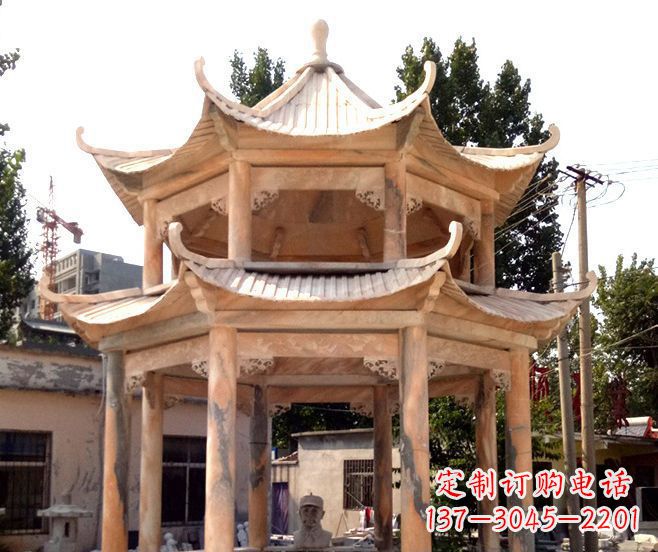 武汉园林景观晚霞红双层石雕凉亭
